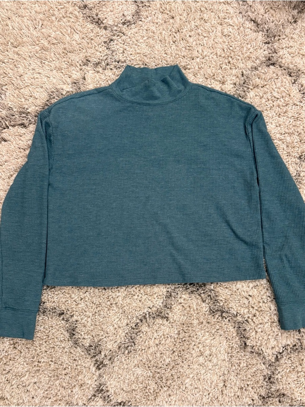 LOU & GREY Teal Waffle Knit Mock Neck Cropped Top Size M